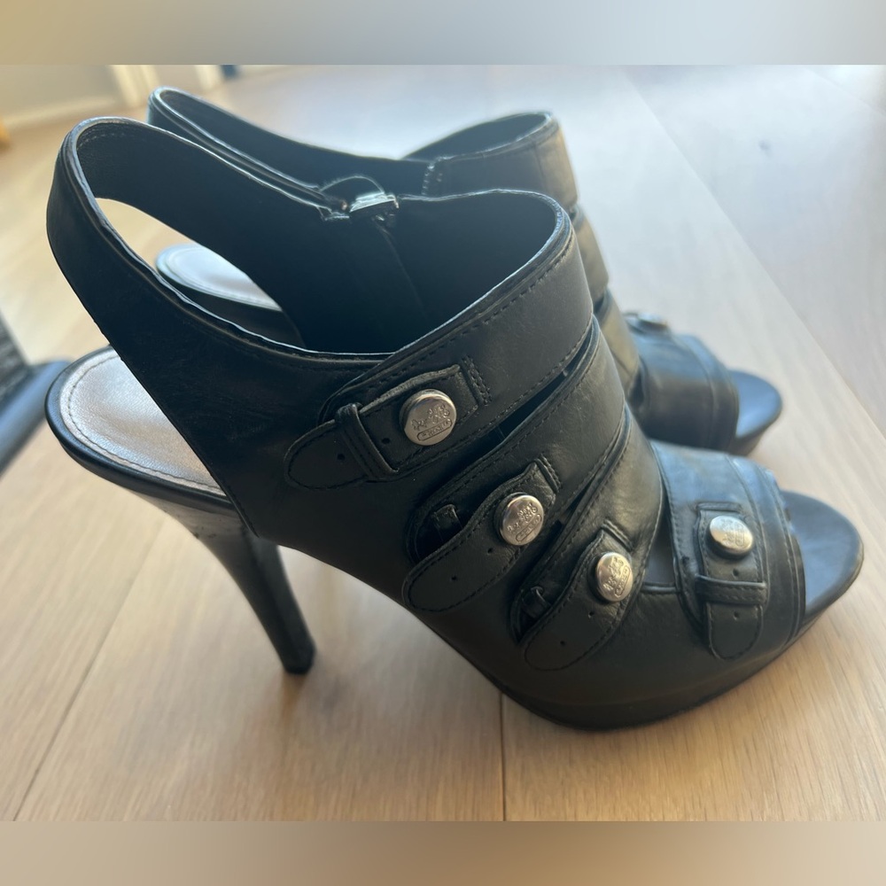 Coach Black Leather Heeled Booties with Peep Toe